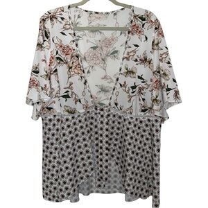 Mixed Floral Plus Size Lightweight Open Tie Front Layering Blouse XXL 2XL EUC